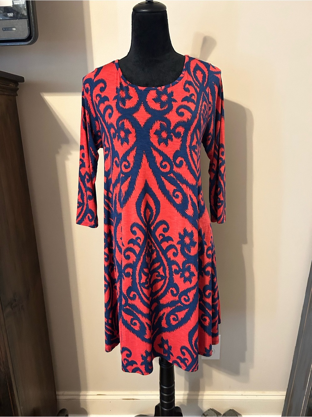 Women’s Red and Navy Patterned Swing Dress